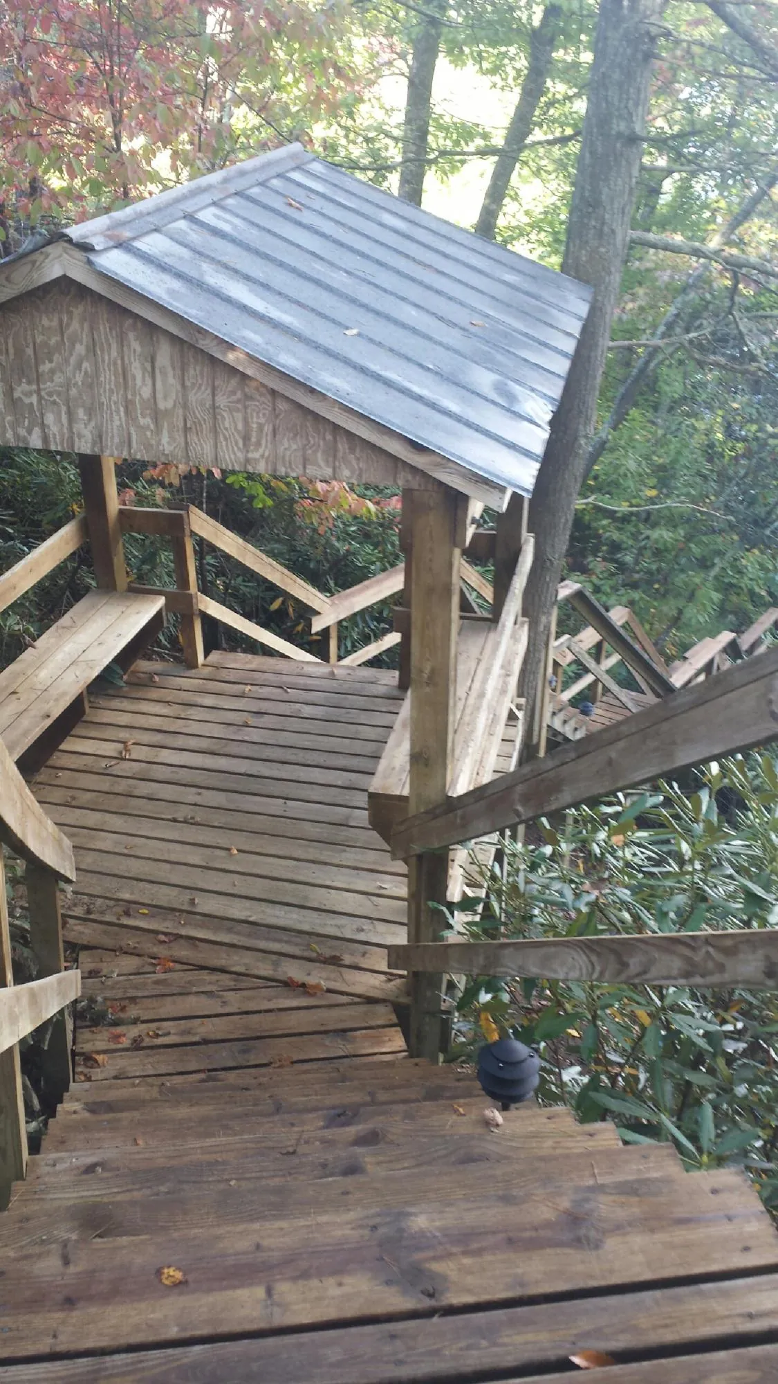 Metal roofed shelter over wooden steps on a wooded walkway — Skylight Repair & Installation work by our crew in Nolanville